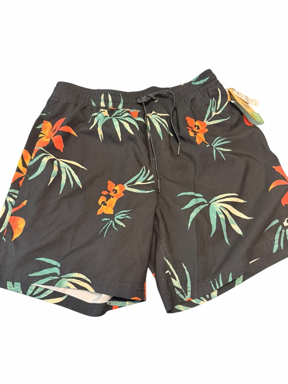 Quiksilver Black Tropical Floral Swim Trunks with Orange and Green Print